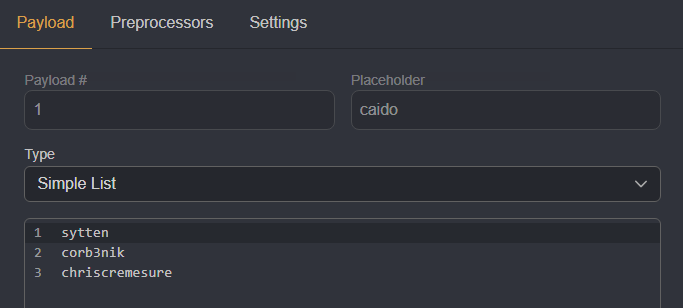 Payload set of usernames.