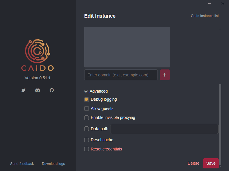 The Advanced instance options.