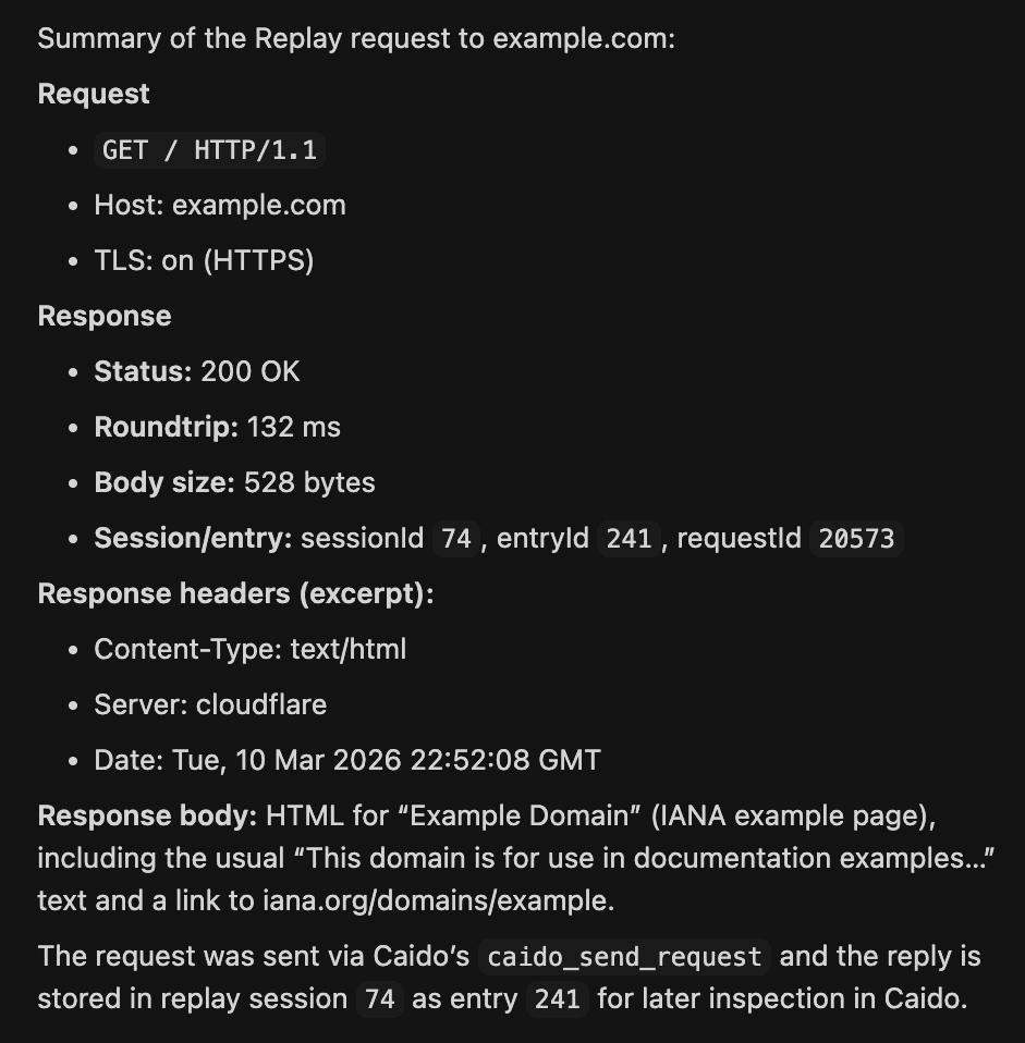 Replay request and response summary.