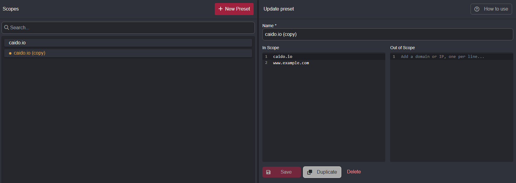 Duplicating a scope preset.